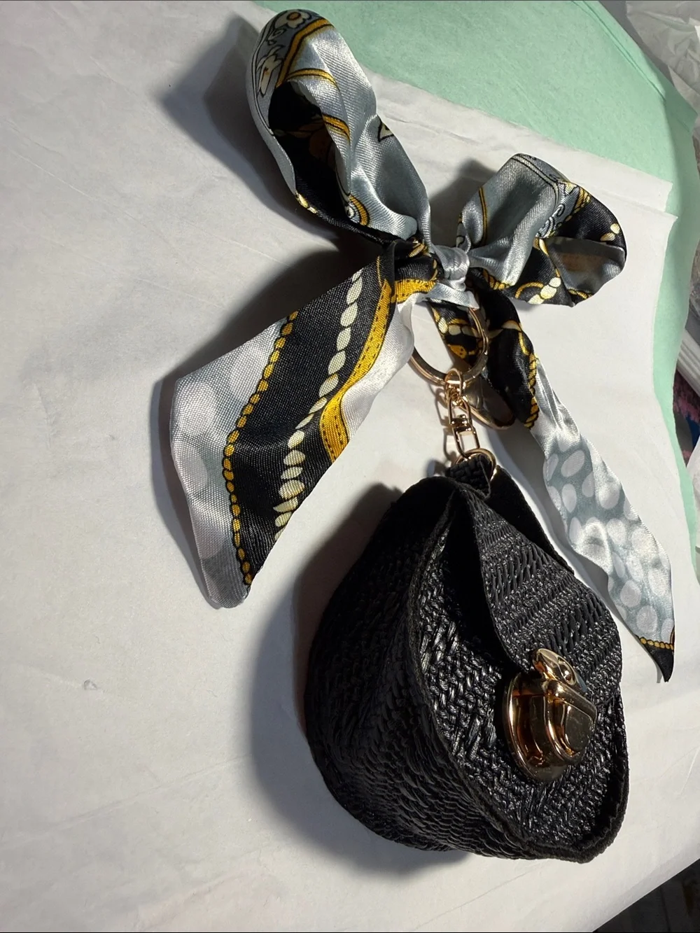 Black Woven Mini Purse Keychain with Gold Hardware with Silky Bow